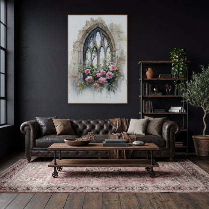 Pink Roses Gothic Arched Window wall art in a moody dark academia room – watercolor-style gothic stone arch window