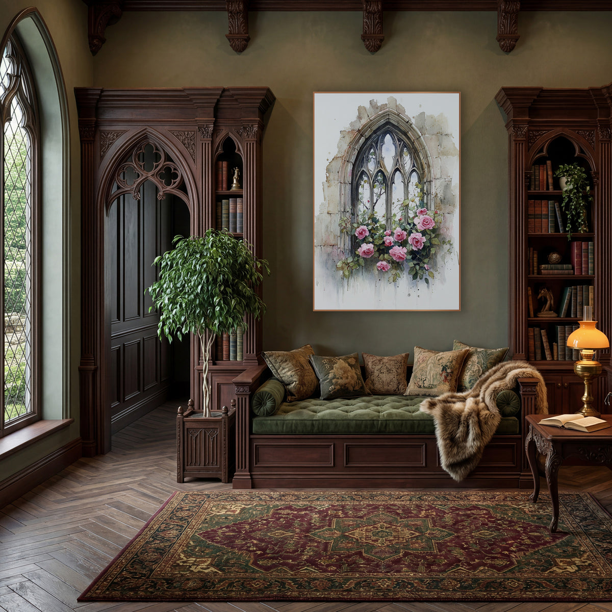Pink Roses Gothic Arched Window wall art in a moody dark academia room – watercolor-style gothic stone arch window