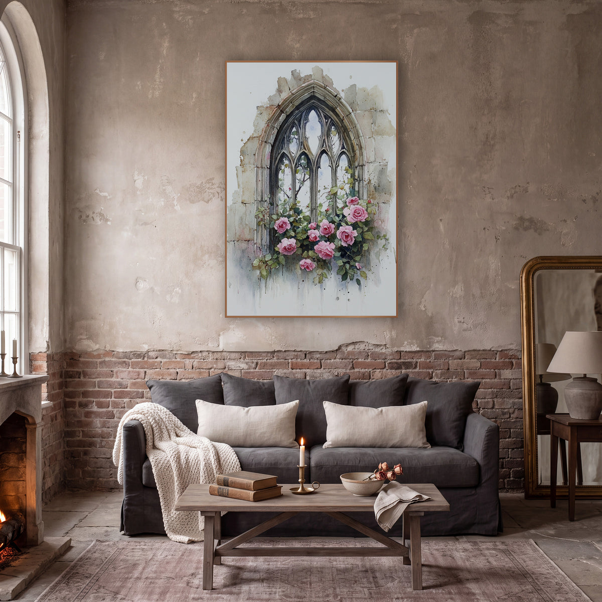Pink Roses Gothic Arched Window wall art in a moody dark academia room – watercolor-style gothic stone arch window