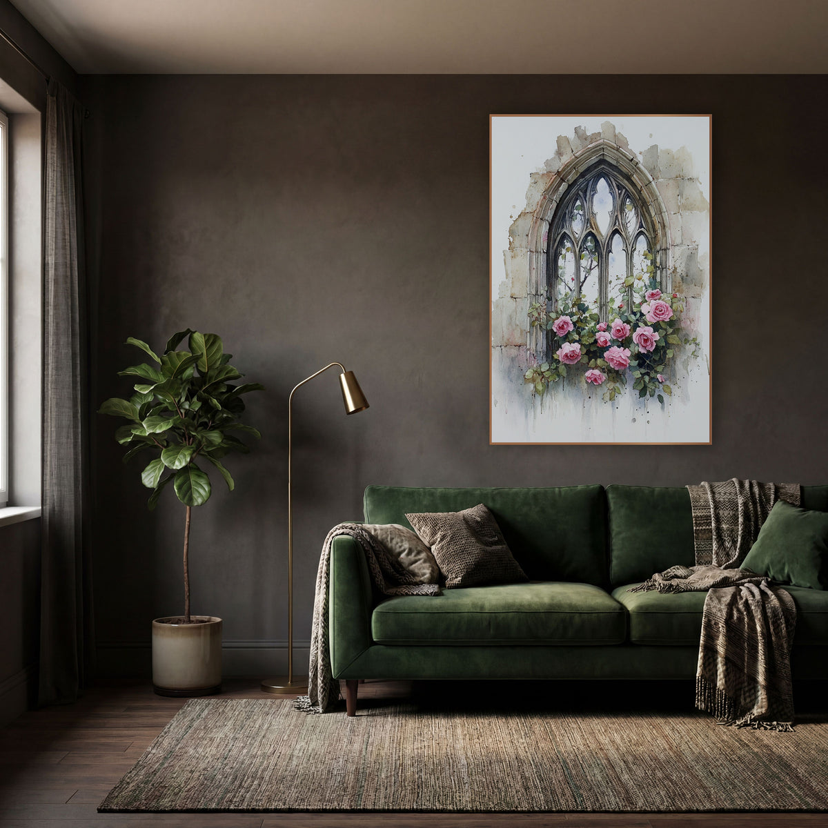 Pink Roses Gothic Arched Window wall art in a moody dark academia room – watercolor-style gothic stone arch window