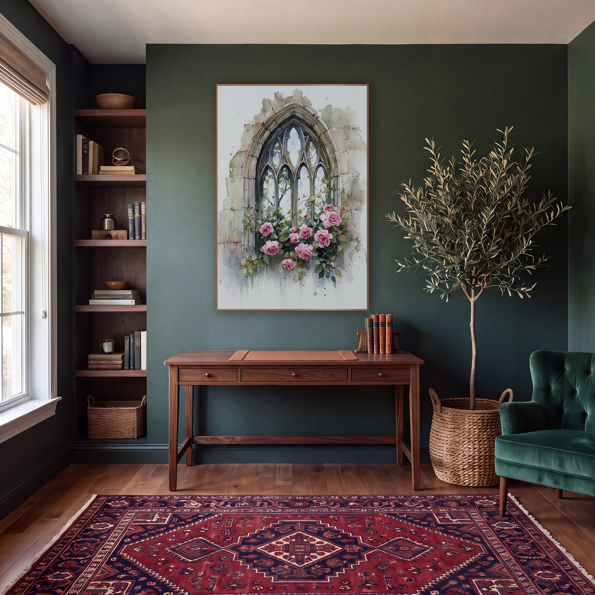 Pink Roses Gothic Arched Window wall art in a moody dark academia room – watercolor-style gothic stone arch window