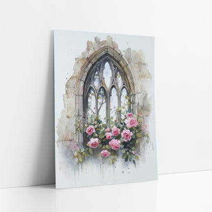 Pink Roses Gothic Arched Window art print leaning against a white wall – watercolor-style gothic stone arch window with pale