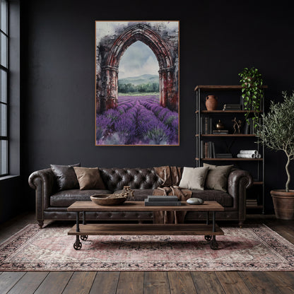 Crimson Ruin Arch Lavender Rows Moody wall art in a moody dark academia room – watercolor-style gothic stone arch
