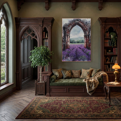 Crimson Ruin Arch Lavender Rows Moody wall art in a moody dark academia room – watercolor-style gothic stone arch