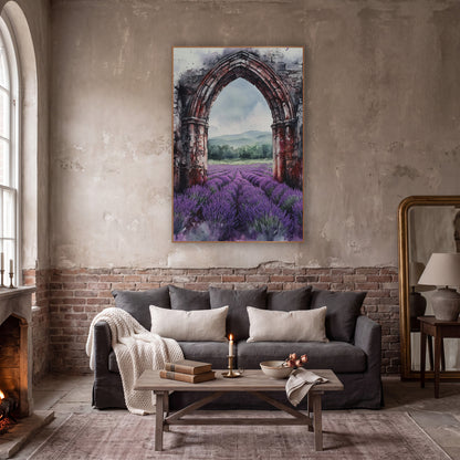 Crimson Ruin Arch Lavender Rows Moody wall art in a moody dark academia room – watercolor-style gothic stone arch