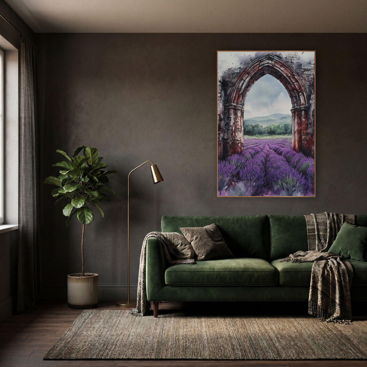 Crimson Ruin Arch Lavender Rows Moody wall art in a moody dark academia room – watercolor-style gothic stone arch