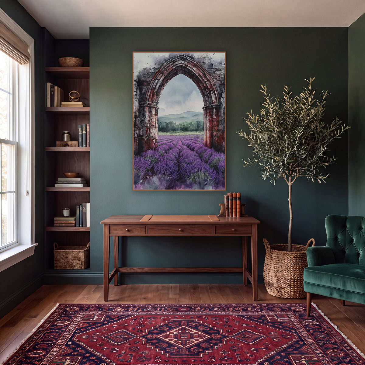 Crimson Ruin Arch Lavender Rows Moody wall art in a moody dark academia room – watercolor-style gothic stone arch