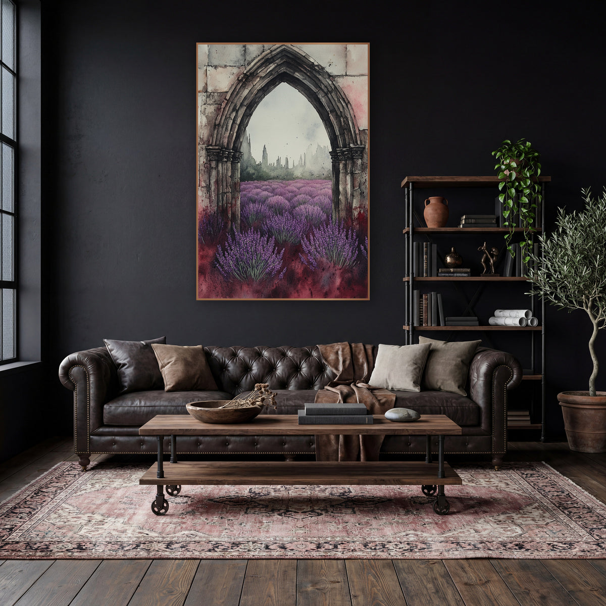 Lavender Gothic Arch Moody Botanical wall art in a moody dark academia room – gothic stone arch framing a purple