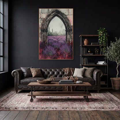 Lavender Gothic Arch Moody Botanical wall art in a moody dark academia room – gothic stone arch framing a purple