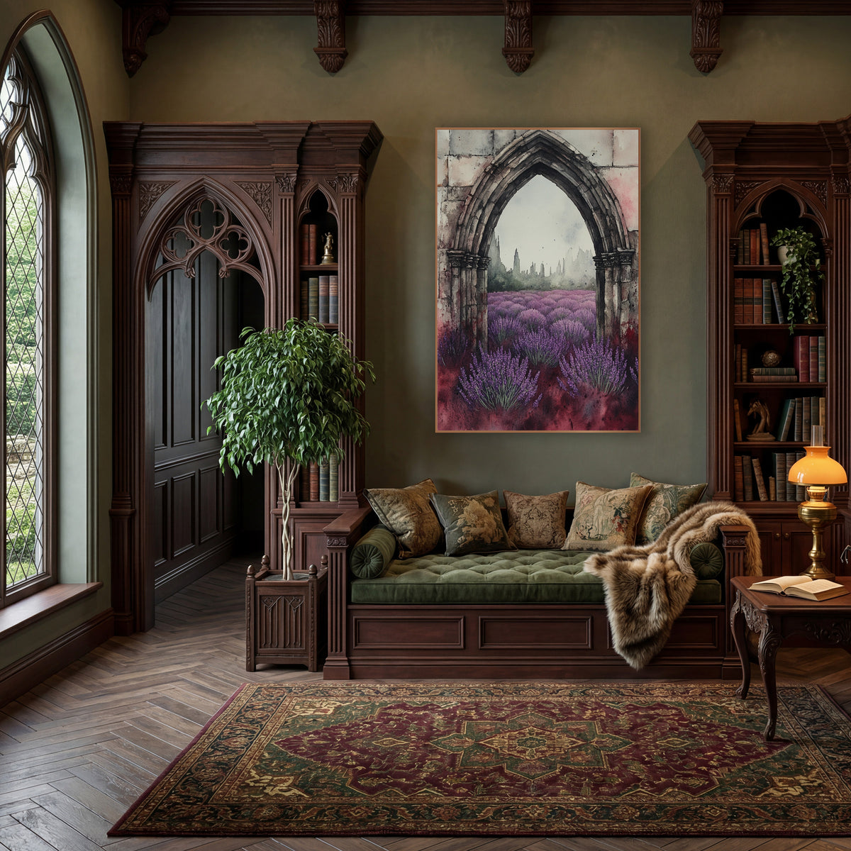 Lavender Gothic Arch Moody Botanical wall art in a moody dark academia room – gothic stone arch framing a purple