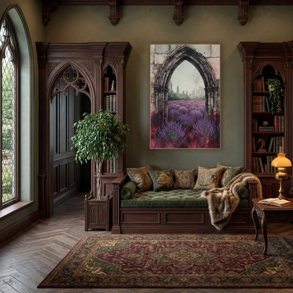 Lavender Gothic Arch Moody Botanical wall art in a moody dark academia room – gothic stone arch framing a purple
