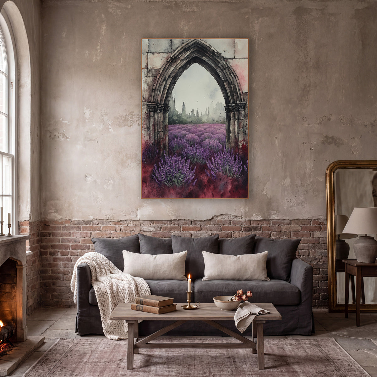 Lavender Gothic Arch Moody Botanical wall art in a moody dark academia room – gothic stone arch framing a purple