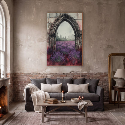 Lavender Gothic Arch Moody Botanical wall art in a moody dark academia room – gothic stone arch framing a purple