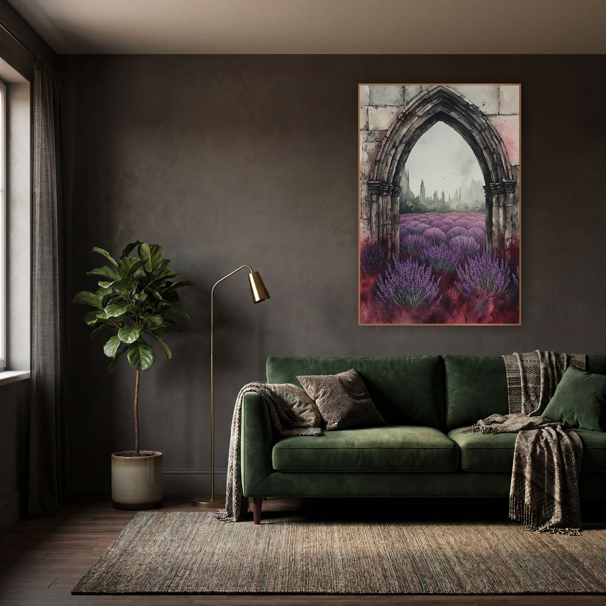 Lavender Gothic Arch Moody Botanical wall art in a moody dark academia room – gothic stone arch framing a purple