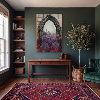 Lavender Gothic Arch Moody Botanical wall art in a moody dark academia room – gothic stone arch framing a purple