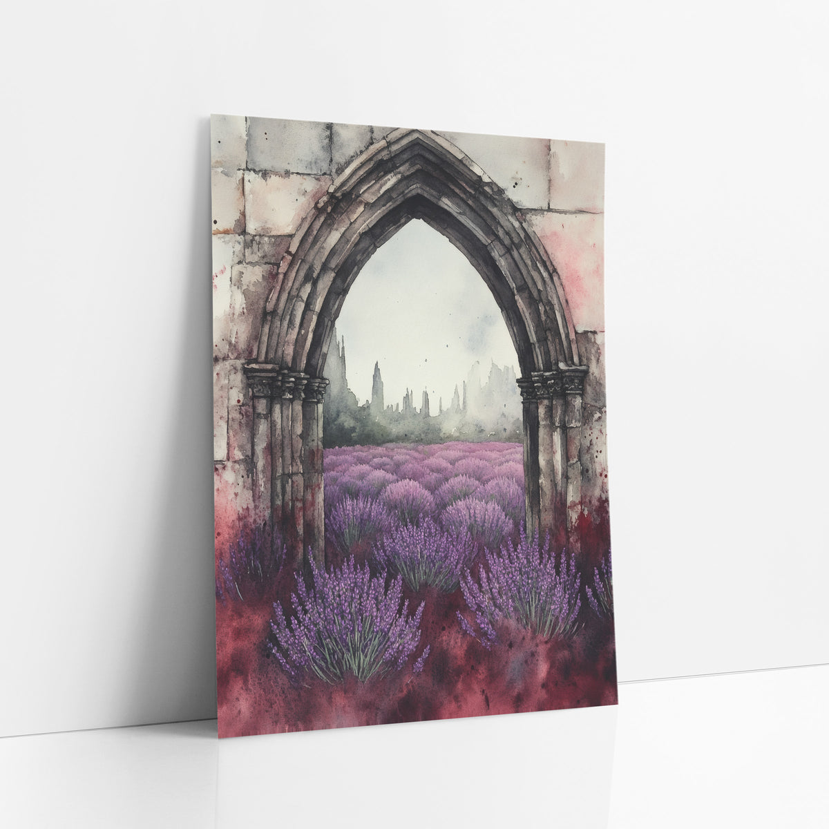Lavender Gothic Arch Moody Botanical art print leaning against a white wall – gothic stone arch framing a purple lavender