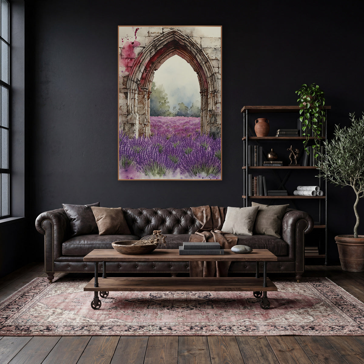 Pale Stone Arch Lavender Meadow Classic wall art in a moody dark academia room – watercolor-style gothic stone arch