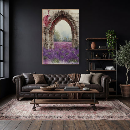 Pale Stone Arch Lavender Meadow Classic wall art in a moody dark academia room – watercolor-style gothic stone arch