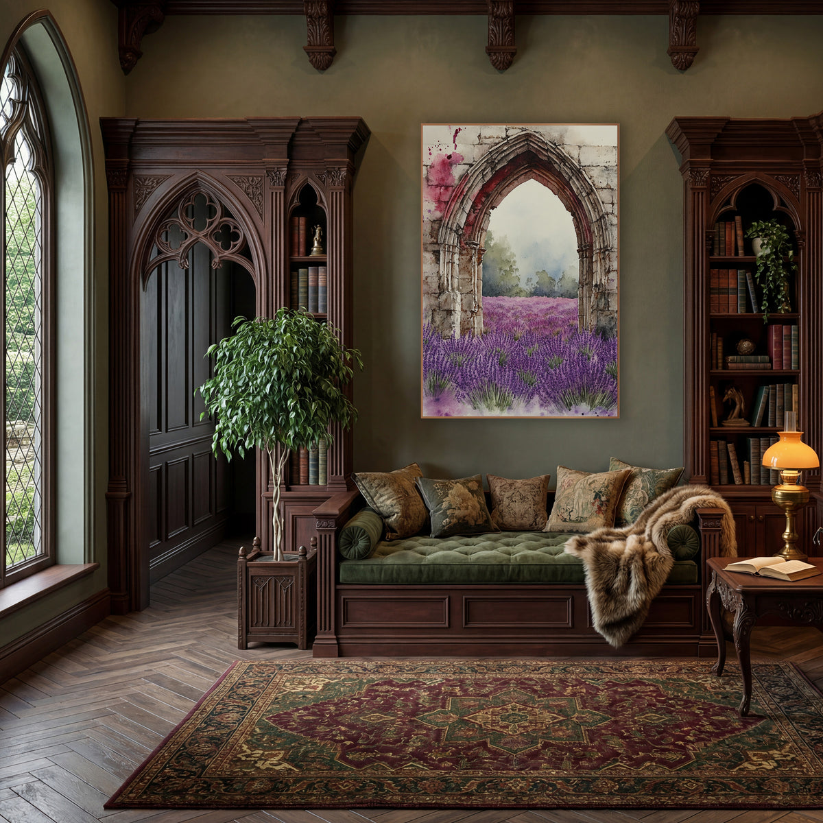 Pale Stone Arch Lavender Meadow Classic wall art in a moody dark academia room – watercolor-style gothic stone arch