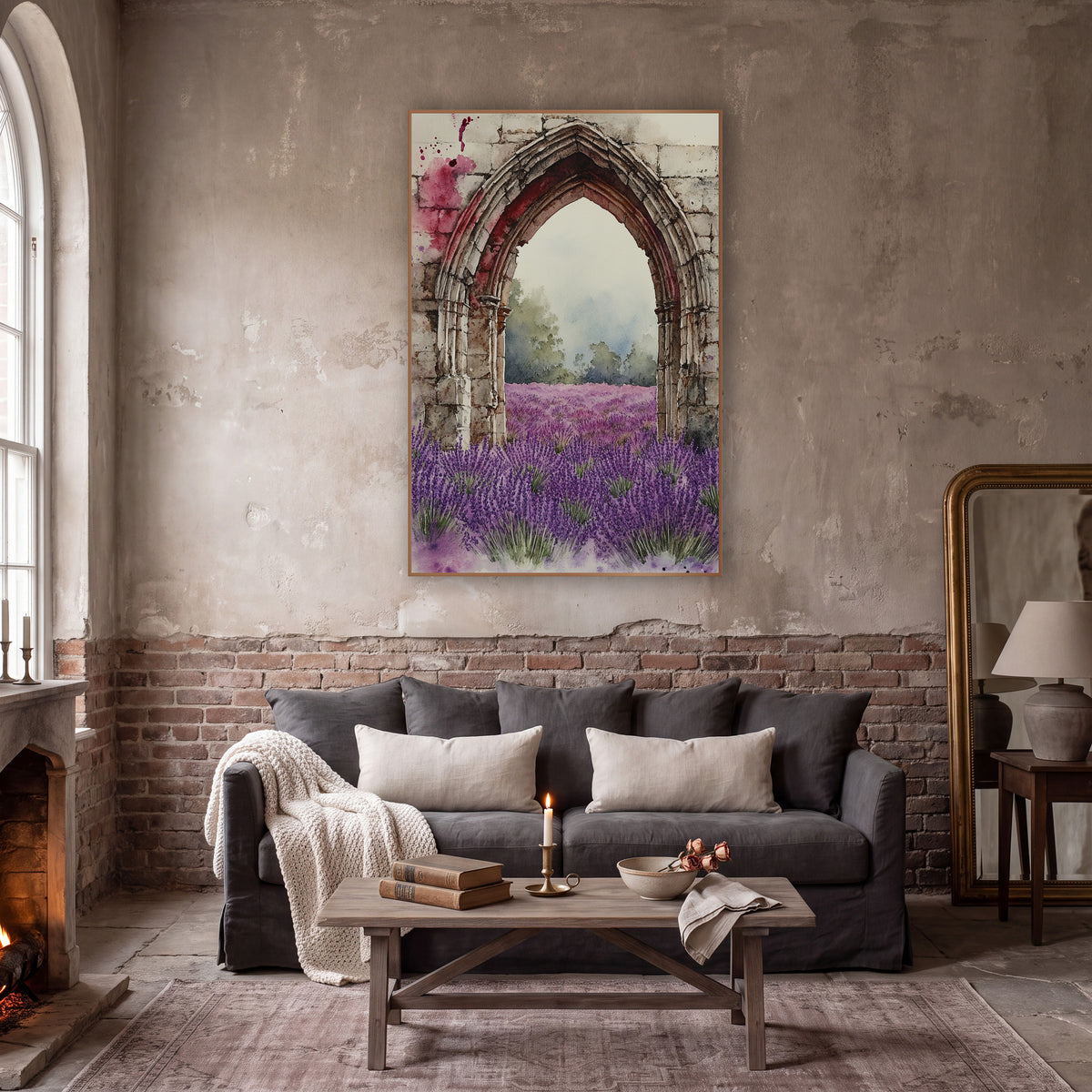 Pale Stone Arch Lavender Meadow Classic wall art in a moody dark academia room – watercolor-style gothic stone arch