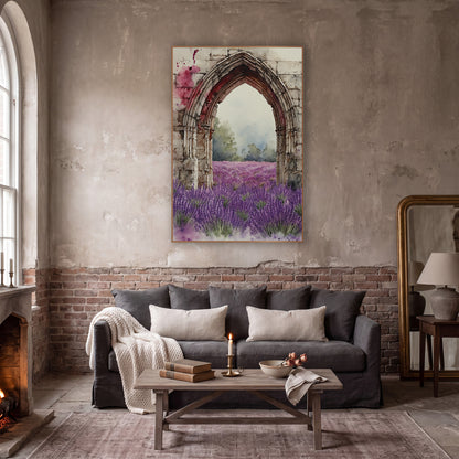 Pale Stone Arch Lavender Meadow Classic wall art in a moody dark academia room – watercolor-style gothic stone arch