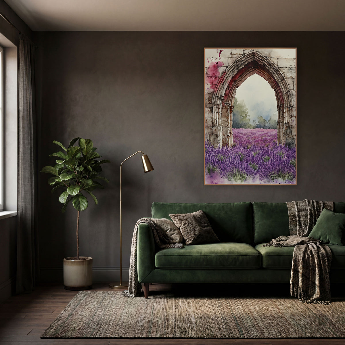 Pale Stone Arch Lavender Meadow Classic wall art in a moody dark academia room – watercolor-style gothic stone arch