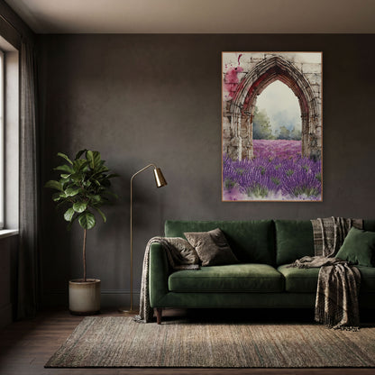 Pale Stone Arch Lavender Meadow Classic wall art in a moody dark academia room – watercolor-style gothic stone arch