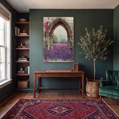 Pale Stone Arch Lavender Meadow Classic wall art in a moody dark academia room – watercolor-style gothic stone arch
