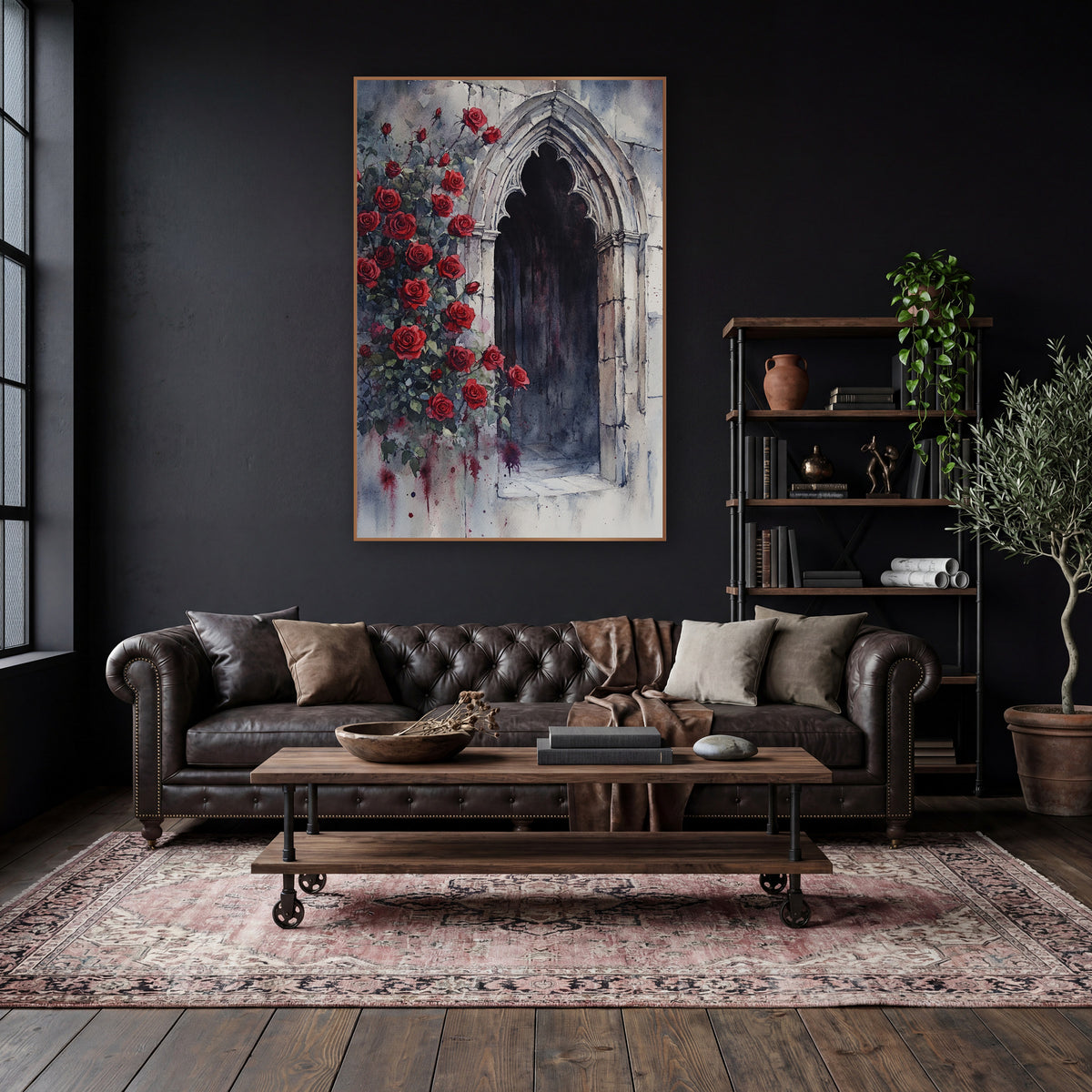 Crimson Roses Shadowed Alcove Moody wall art in a moody dark academia room – watercolor-style artwork of red roses