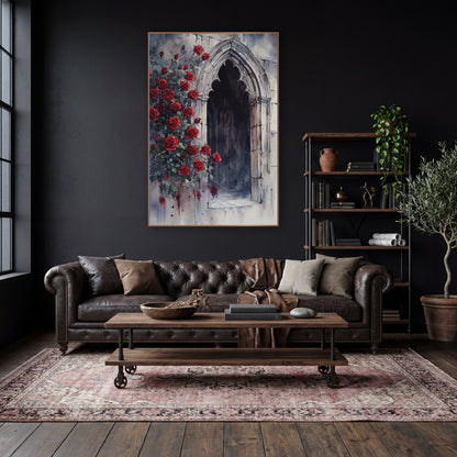 Crimson Roses Shadowed Alcove Moody wall art in a moody dark academia room – watercolor-style artwork of red roses