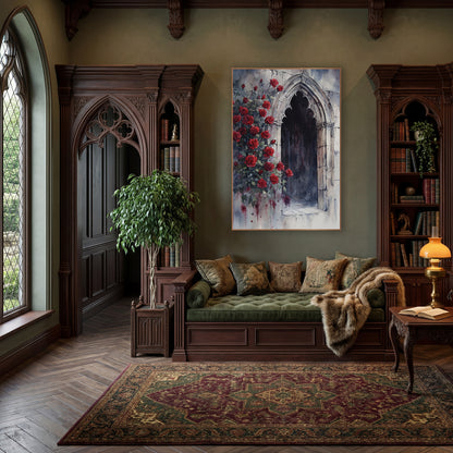 Crimson Roses Shadowed Alcove Moody wall art in a moody dark academia room – watercolor-style artwork of red roses