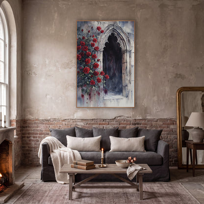 Crimson Roses Shadowed Alcove Moody wall art in a moody dark academia room – watercolor-style artwork of red roses