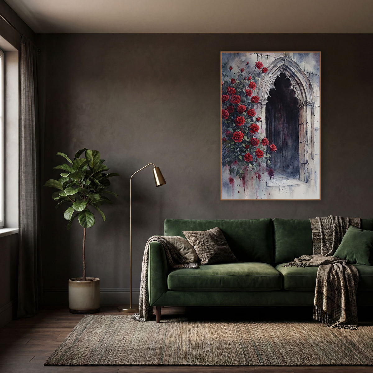 Crimson Roses Shadowed Alcove Moody wall art in a moody dark academia room – watercolor-style artwork of red roses