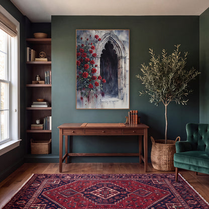 Crimson Roses Shadowed Alcove Moody wall art in a moody dark academia room – watercolor-style artwork of red roses