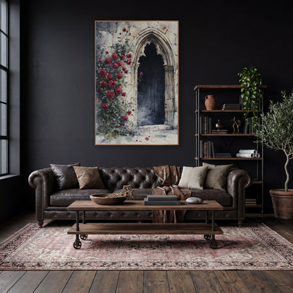 Crimson Rose Gothic Archway Romantic wall art in a moody dark academia room – red climbing roses beside a pointed