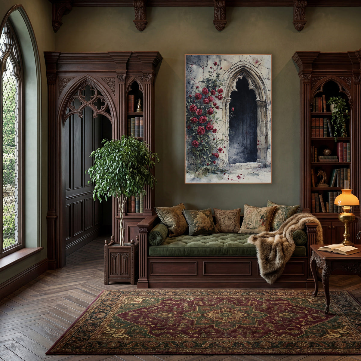 Crimson Rose Gothic Archway Romantic wall art in a moody dark academia room – red climbing roses beside a pointed