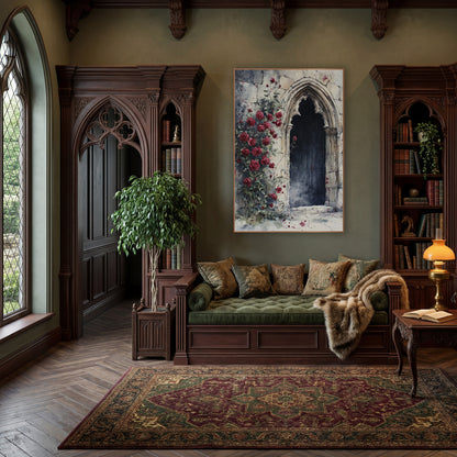 Crimson Rose Gothic Archway Romantic wall art in a moody dark academia room – red climbing roses beside a pointed