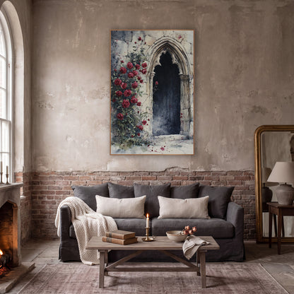 Crimson Rose Gothic Archway Romantic wall art in a moody dark academia room – red climbing roses beside a pointed