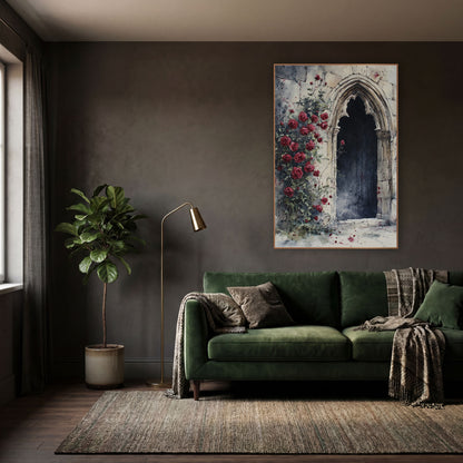 Crimson Rose Gothic Archway Romantic wall art in a moody dark academia room – red climbing roses beside a pointed