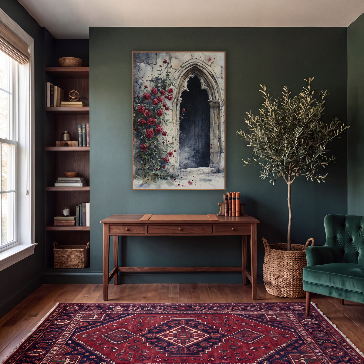 Crimson Rose Gothic Archway Romantic wall art in a moody dark academia room – red climbing roses beside a pointed