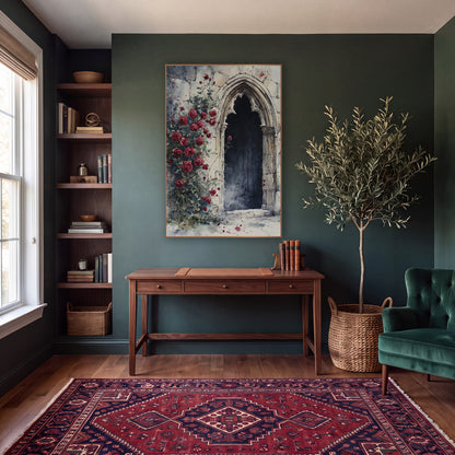 Crimson Rose Gothic Archway Romantic wall art in a moody dark academia room – red climbing roses beside a pointed