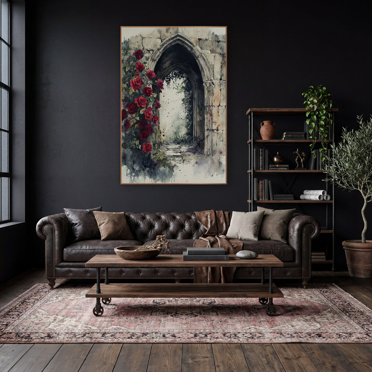 Ruined Rose Passage Classic Gothic wall art in a moody dark academia room – watercolor-style scene of red roses