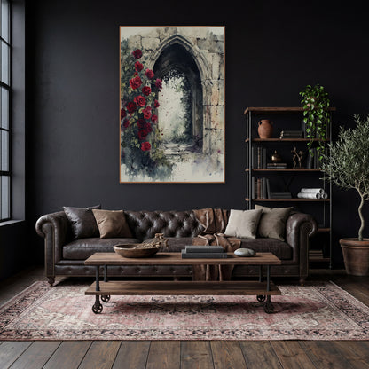 Ruined Rose Passage Classic Gothic wall art in a moody dark academia room – watercolor-style scene of red roses