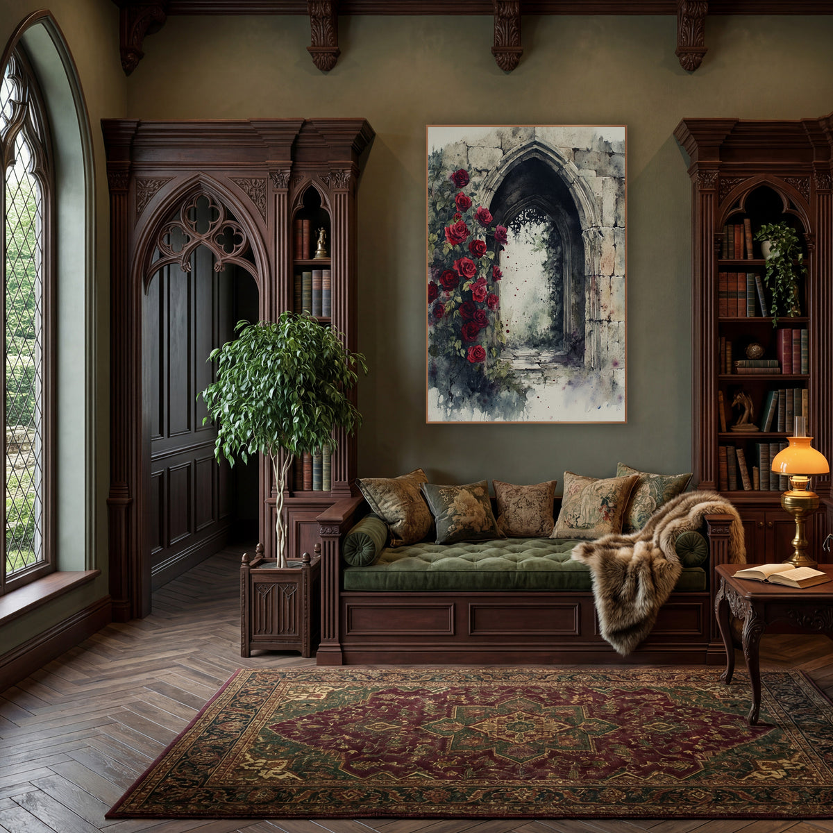 Ruined Rose Passage Classic Gothic wall art in a moody dark academia room – watercolor-style scene of red roses
