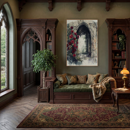 Ruined Rose Passage Classic Gothic wall art in a moody dark academia room – watercolor-style scene of red roses