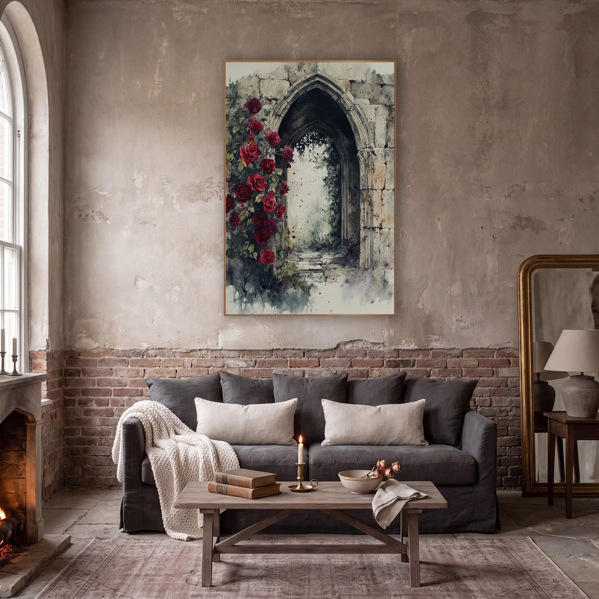 Ruined Rose Passage Classic Gothic wall art in a moody dark academia room – watercolor-style scene of red roses