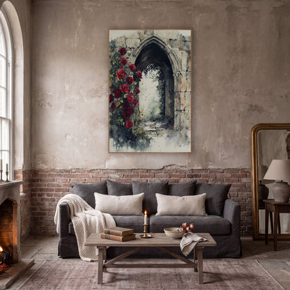 Ruined Rose Passage Classic Gothic wall art in a moody dark academia room – watercolor-style scene of red roses