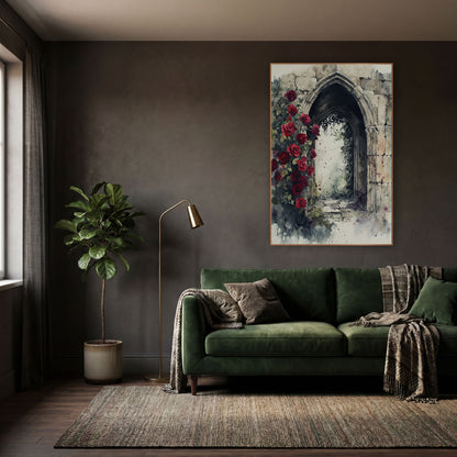 Ruined Rose Passage Classic Gothic wall art in a moody dark academia room – watercolor-style scene of red roses