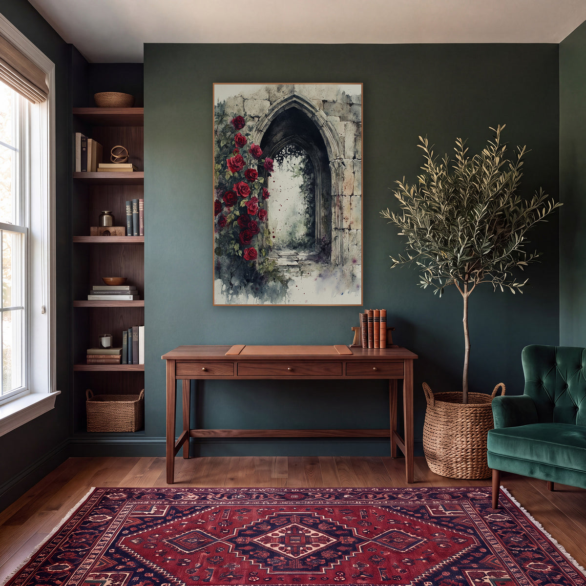 Ruined Rose Passage Classic Gothic wall art in a moody dark academia room – watercolor-style scene of red roses