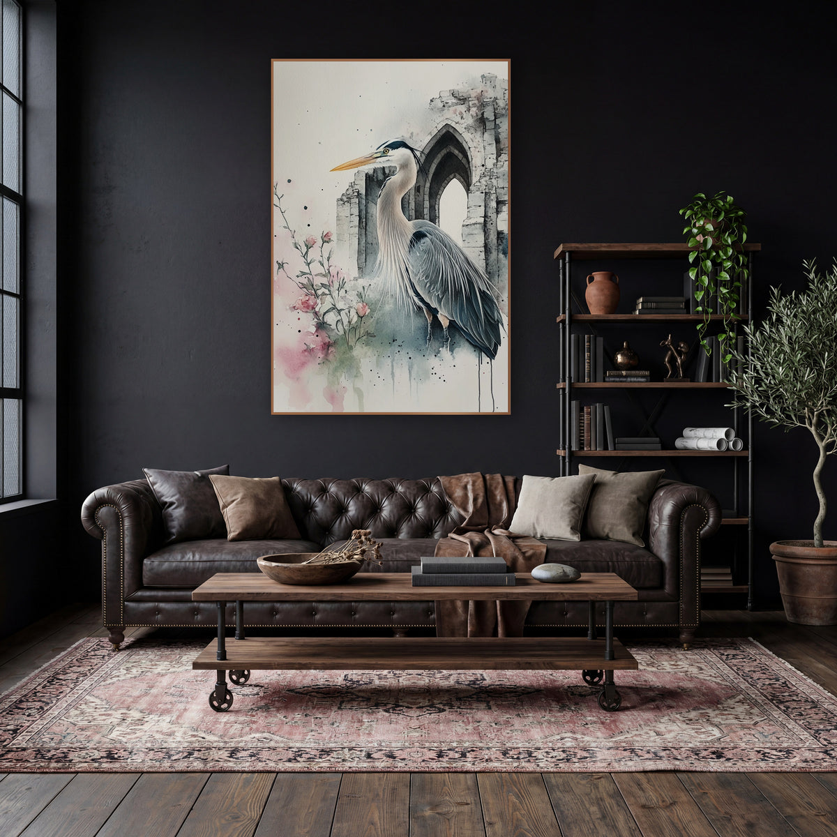 Heron Beside Rosebuds Moody Gothic wall art in a moody dark academia room – watercolor and ink heron with yellow beak